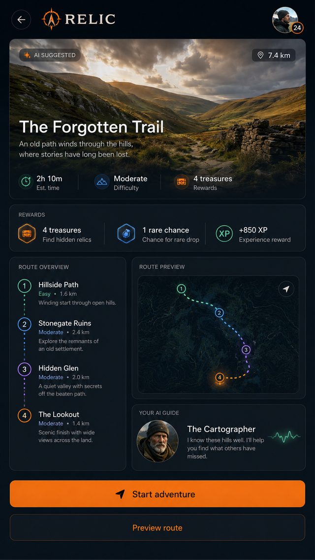 A suggested adventure, The Forgotten Trail, plotted across a map.