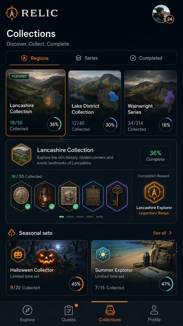 The collections screen, showing regional sets and how much of each has been completed.