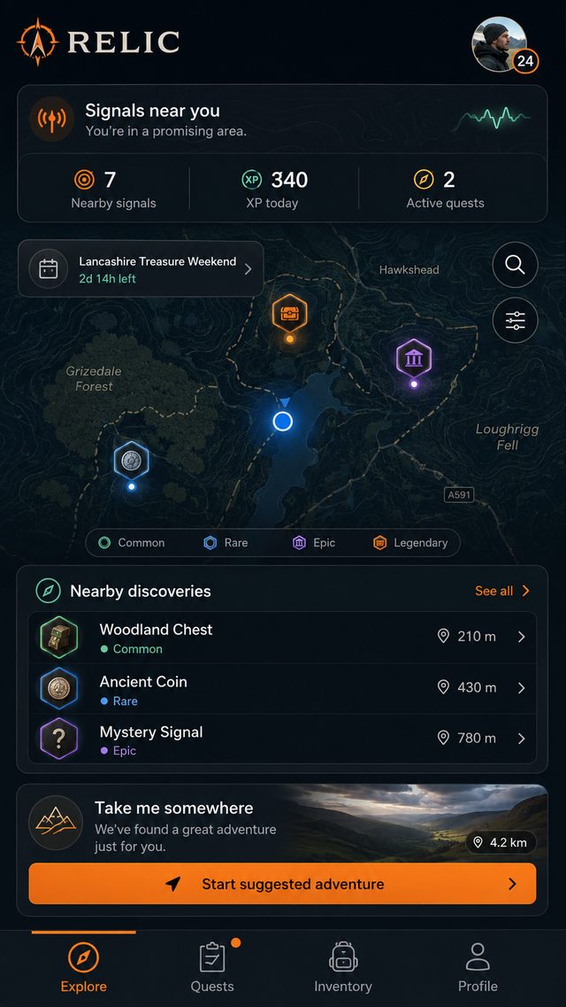 The Wild Relic map screen, showing signals near you and a list of nearby discoveries.