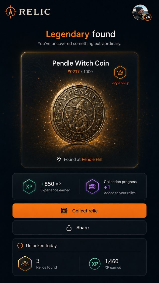 A legendary find, the Pendle Witch Coin, revealed after a successful hunt.