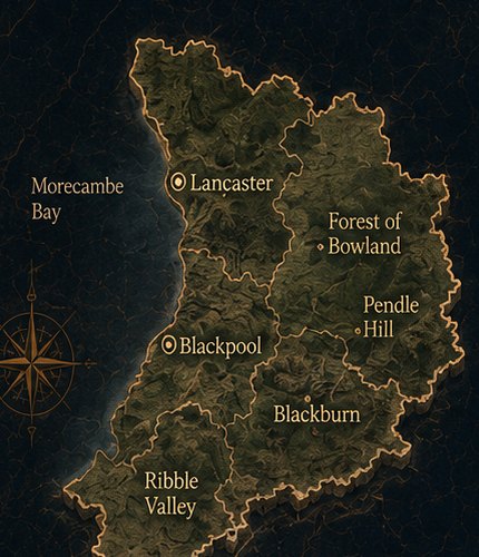 A map of Lancashire marking Morecambe Bay, Lancaster, the Forest of Bowland, Pendle Hill, Blackpool, Blackburn and the Ribble Valley.