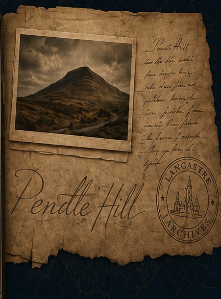 A photograph of Pendle Hill pinned to aged paper, captioned in ink and stamped by the Lancaster archives.