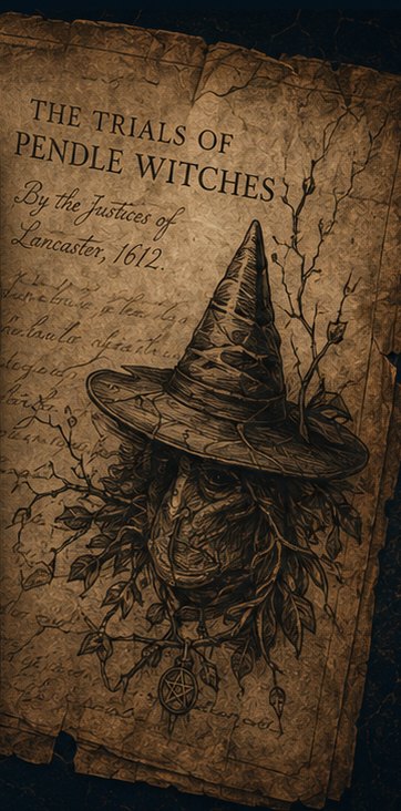 An aged court document headed The Trials of Pendle Witches, by the justices of Lancaster, 1612, illustrated with a witch's hat.